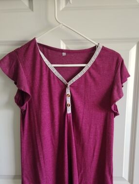 Magenta Lace-Trim Flutter Sleeve Henley Top